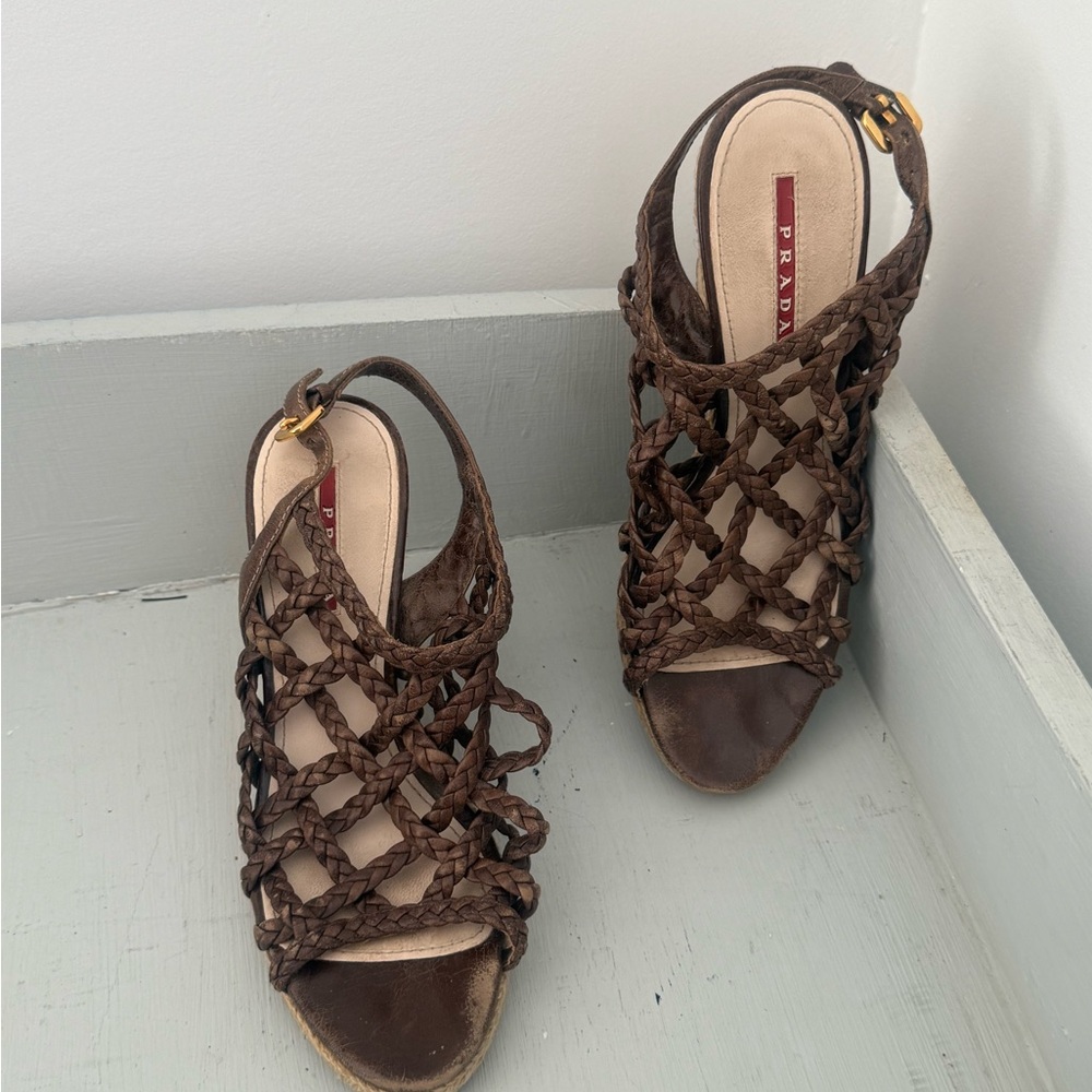 Prada Women's Dark Brown Braided Sandals Wedge Platform